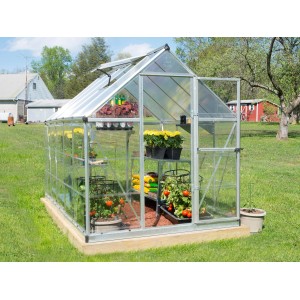 Serra Palram Canopia Hybrid 3.1x1.9, telaio argento, pareti trasparenti, con piante.