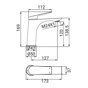 Disegno tecnico: Miscelatore monocomando t.b.t. con dimensioni.