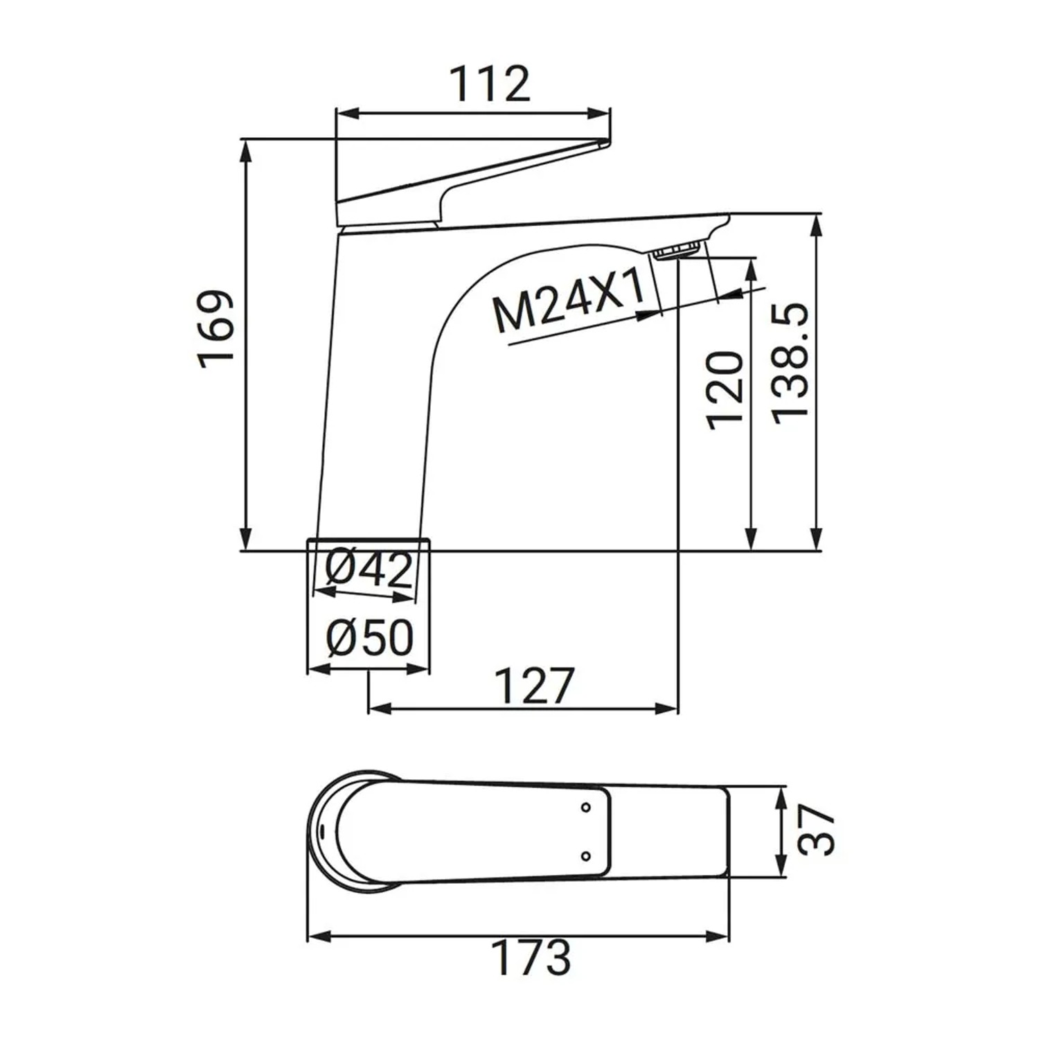 Disegno tecnico: Miscelatore monocomando t.b.t. con dimensioni.