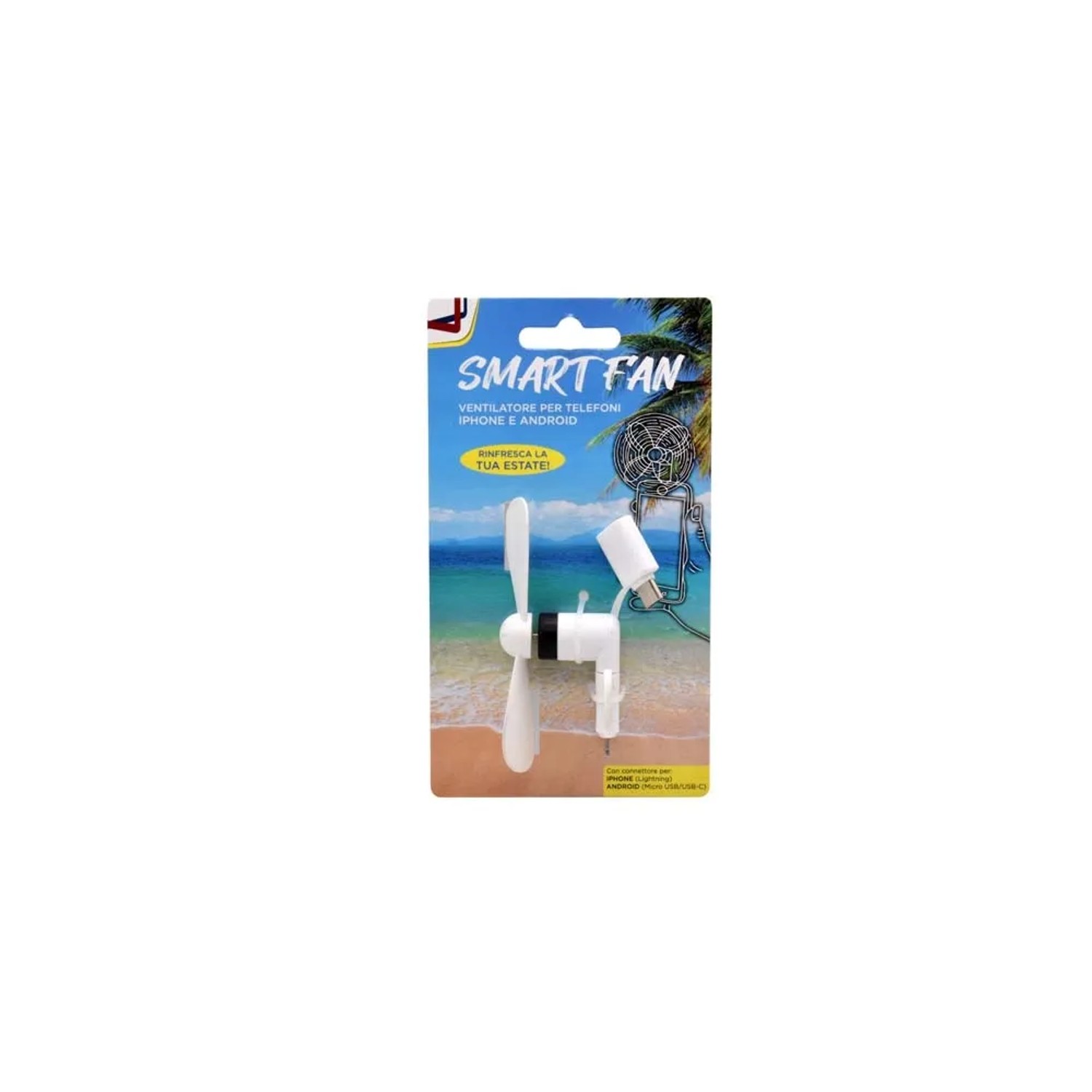 Mini ventilatore bianco per smartphone, compatibile con iPhone e Android.