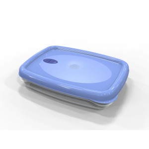 Contenitore t.b.t. blu con coperchio, ideale per la conservazione.