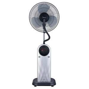 Ventilatore a piantana argentato con display digitale e funzione nebulizzatore.