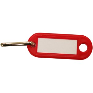 Portachiavi rosso con etichetta e anello in metallo.