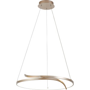 Moderna lampada a sospensione t.b.t. color oro con design curvo per spazi abitativi.