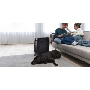 Stufa elettrica nera t.b.t. in soggiorno con coppia sul divano e cane sul tappeto.