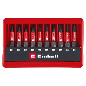 Set di inserti Einhell, 10 pezzi tascabile con profili PH, PZ, Torx e Hex per cacciaviti e avvitatori a batteria.