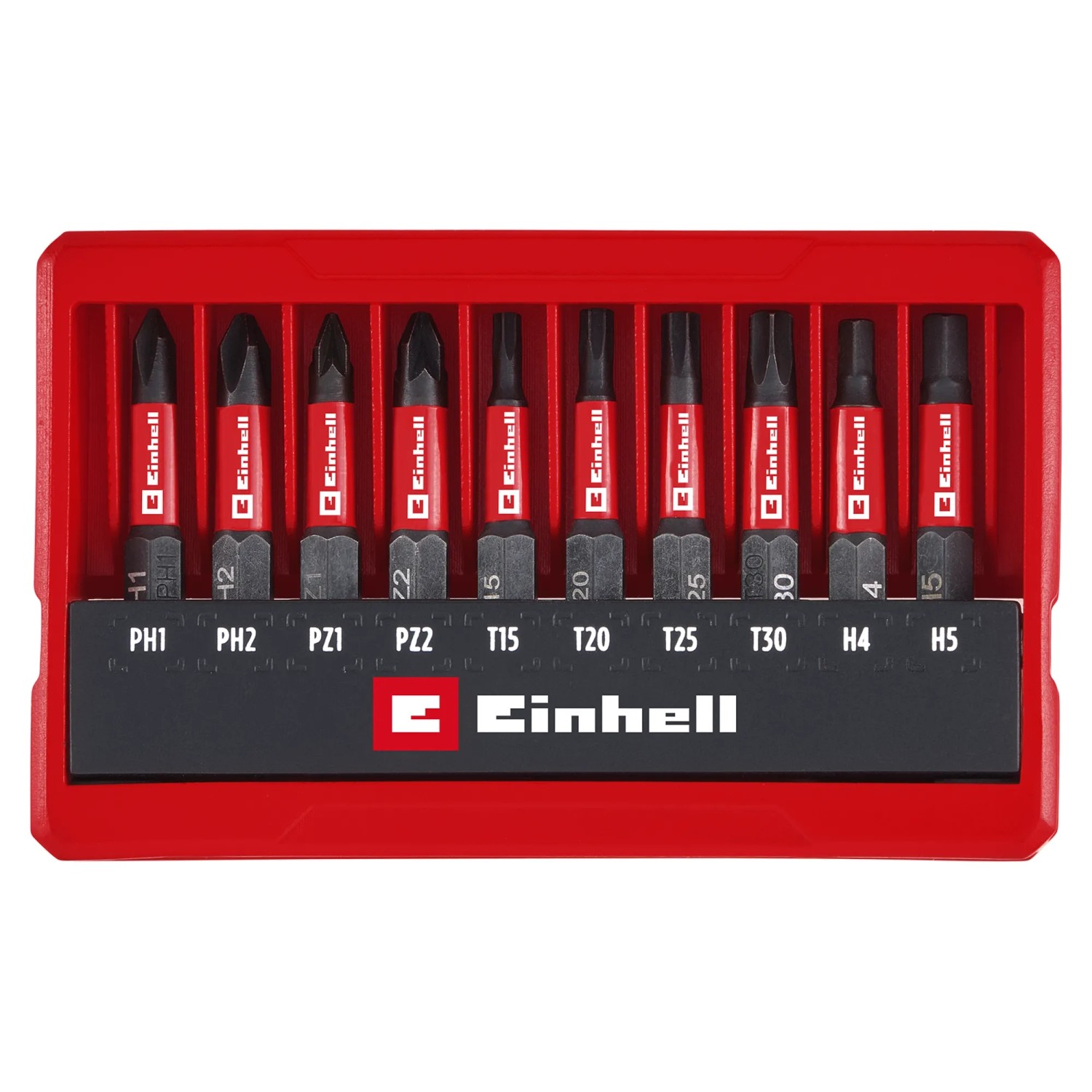 Set di inserti Einhell, 10 pezzi tascabile con profili PH, PZ, Torx e Hex per cacciaviti e avvitatori a batteria.
