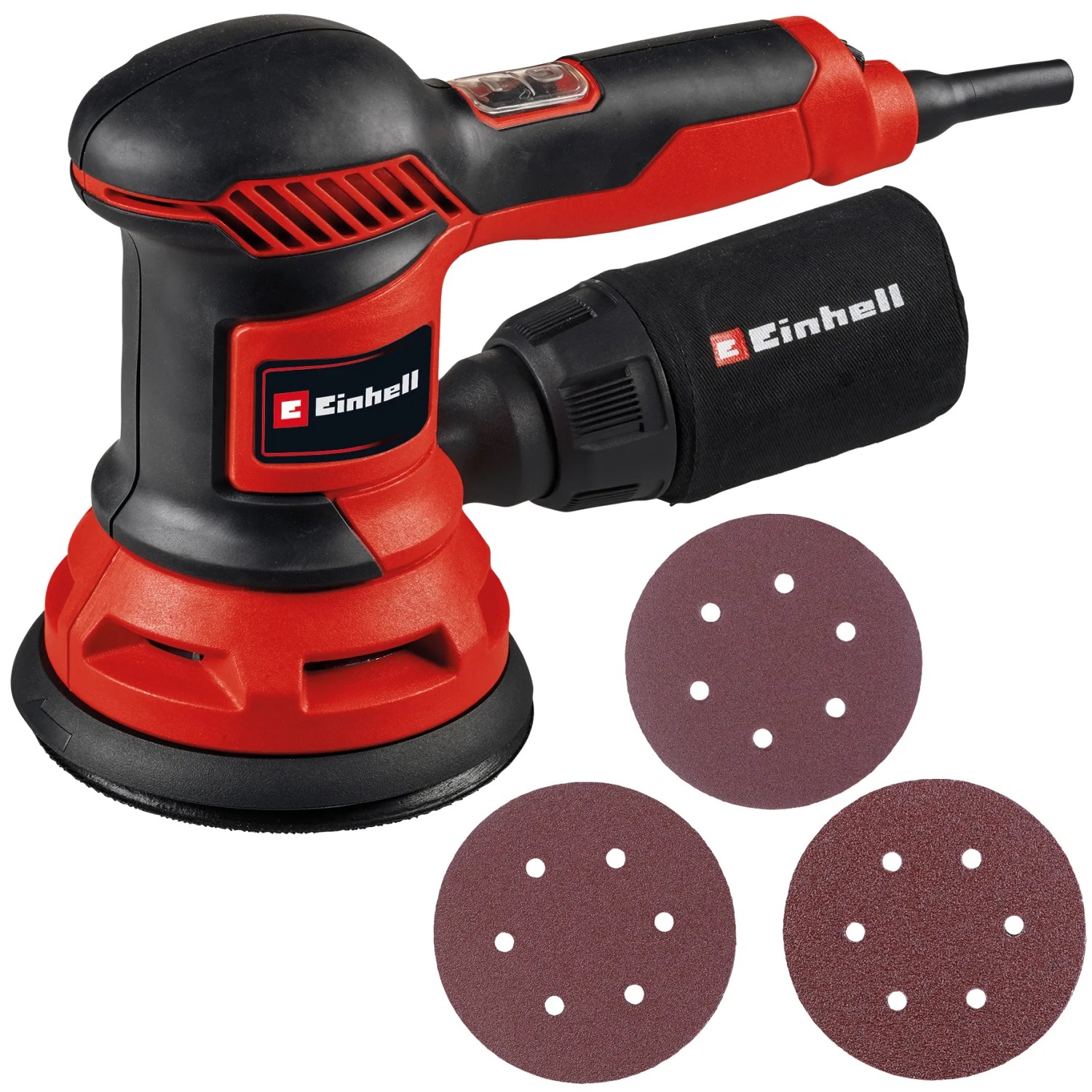 Levigatrice eccentrica Einhell TC-RS 425 E con sacco raccoglipolvere e carta vetrata.