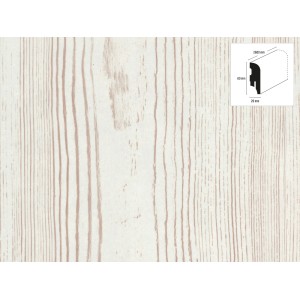 Battiscopa OBI in pino bianco, altezza 60 mm, con canalina per cavi. Dettaglio dell'aspetto del legno.