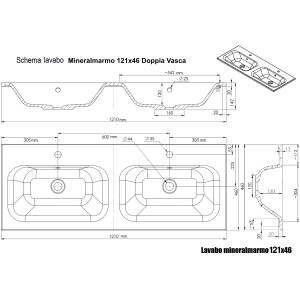 Disegno tecnico: lavabo singolo t.b.t. con doppio lavabo, dimensioni e dettagli.