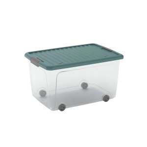 Contenitore trasparente t.b.t. con coperchio verde e ruote.