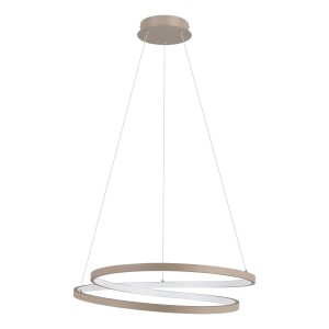 Moderna lampada a sospensione t.b.t. con due anelli beige per spazi abitativi.