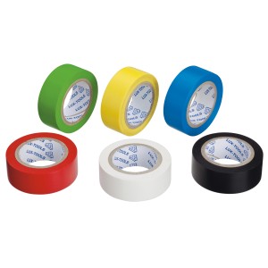 Set di nastro isolante con 6 rotoli colorati (giallo, rosso, blu, verde, nero, bianco), ciascuno da 4,5 m x 15 mm.