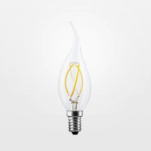 Lampadina LED E14 a forma di goccia con vetro trasparente e filamento a vista.