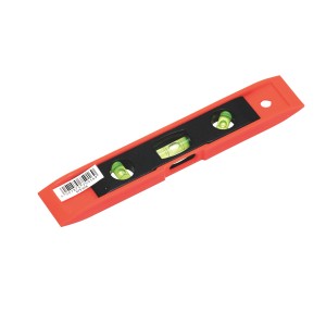 Livella a bolla torpedine arancione in plastica con 3 fiale per misurazioni precise.