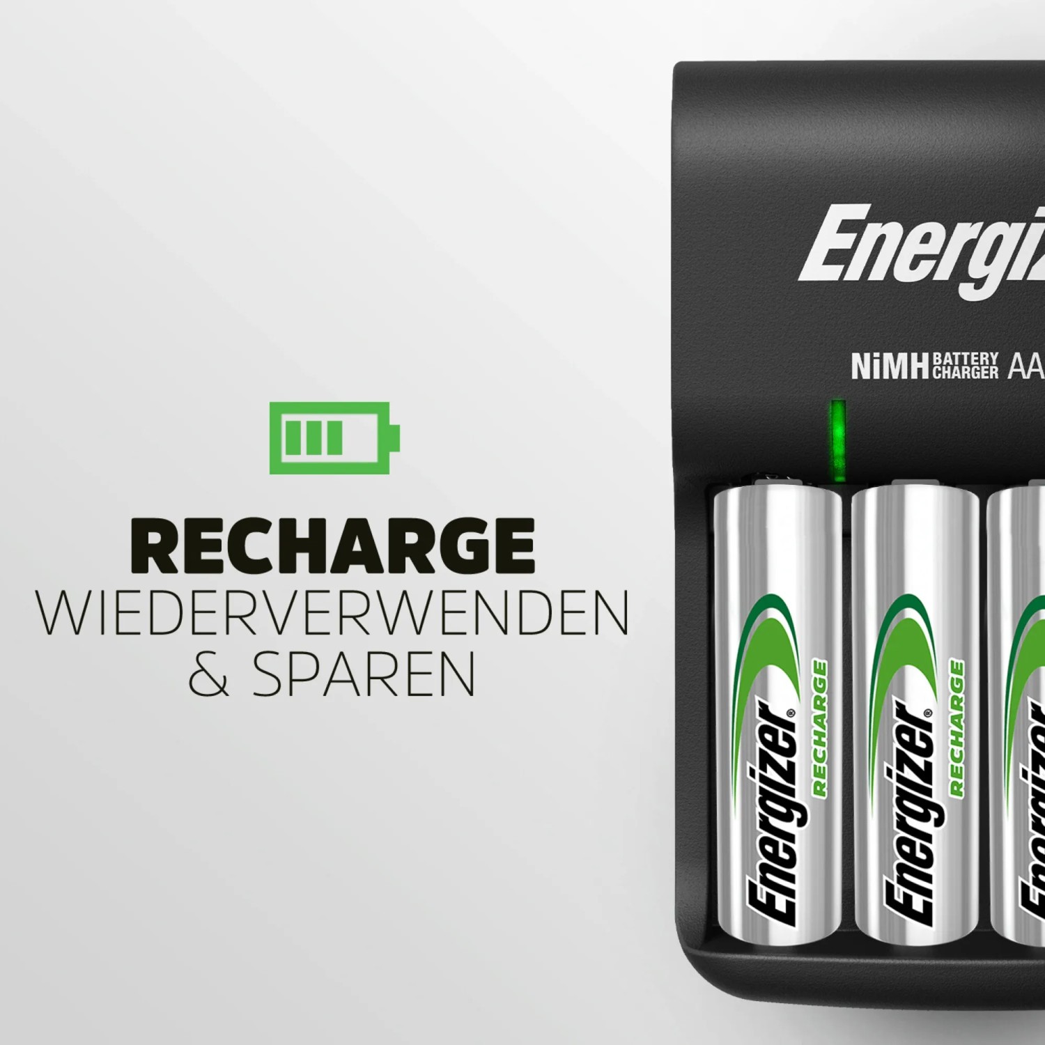 Caricabatterie Energizer con USB e 4 batterie AA per caricare batterie NiMH.