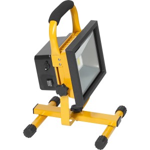Faretto da lavoro a LED portatile da 20 W con batteria, giallo, con supporto e maniglia.