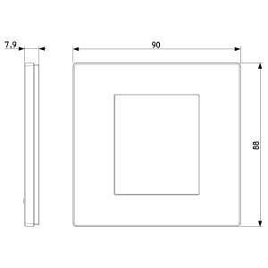 Disegno tecnico di una placca t.b.t. con dimensioni per interruttori e prese.