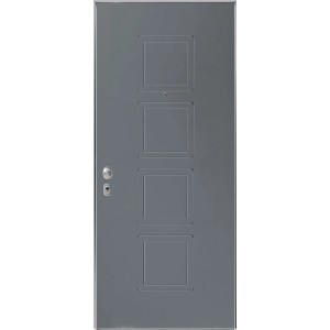 Porta blindata grigia con quattro pannelli quadrati e maniglia.