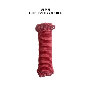 Corda elastica rossa arrotolata, circa 25m, per fissaggi versatili.