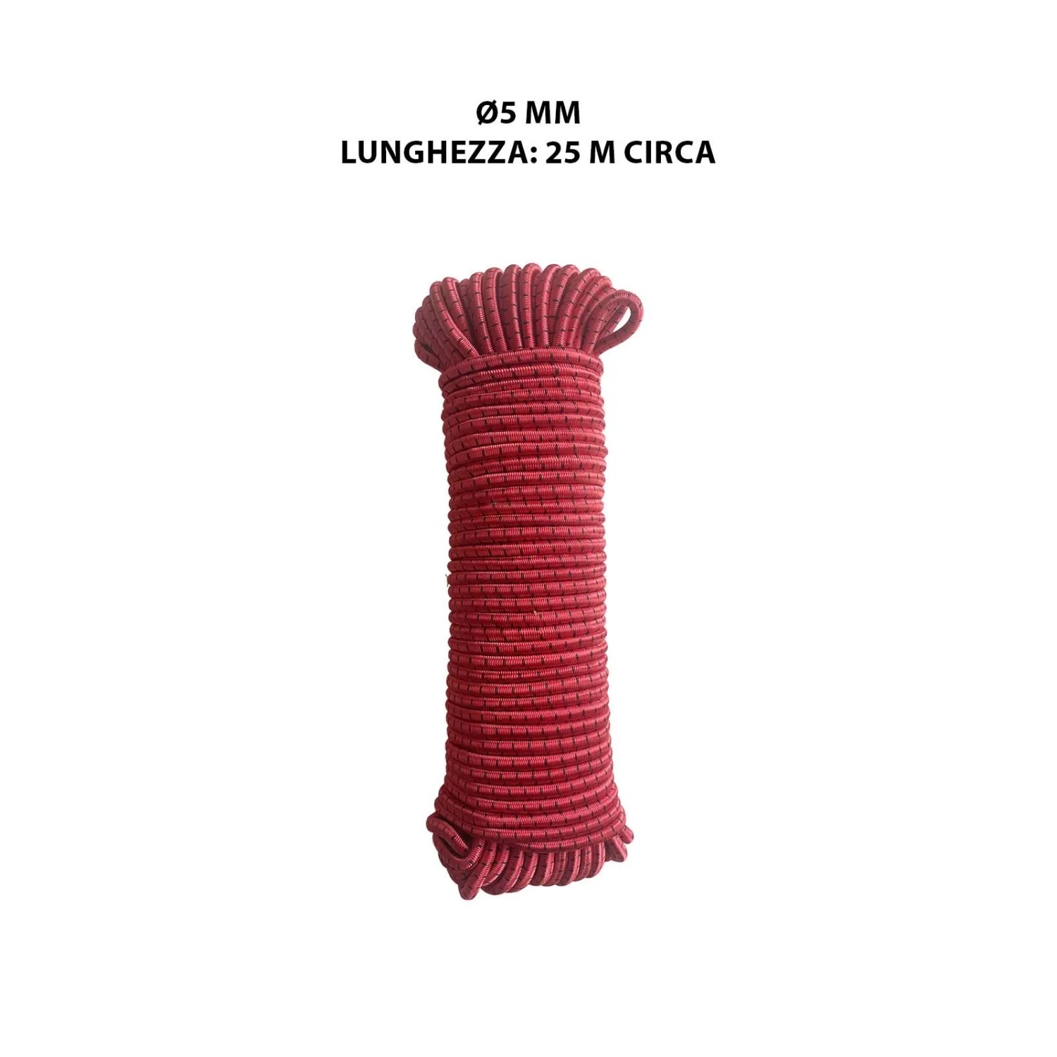 Corda elastica rossa arrotolata, circa 25m, per fissaggi versatili.
