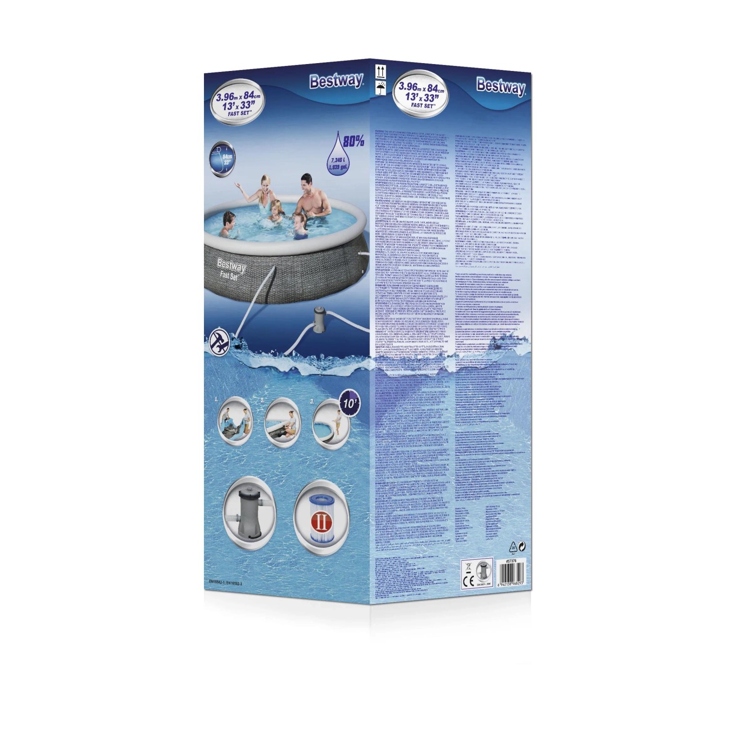 Confezione del set piscina Bestway Fast Set, con immagini della piscina e degli accessori.