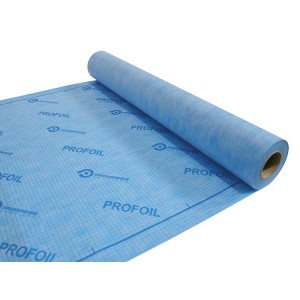 Rotolo di membrana bituminosa t.b.t. azzurra con griglia e scritte.