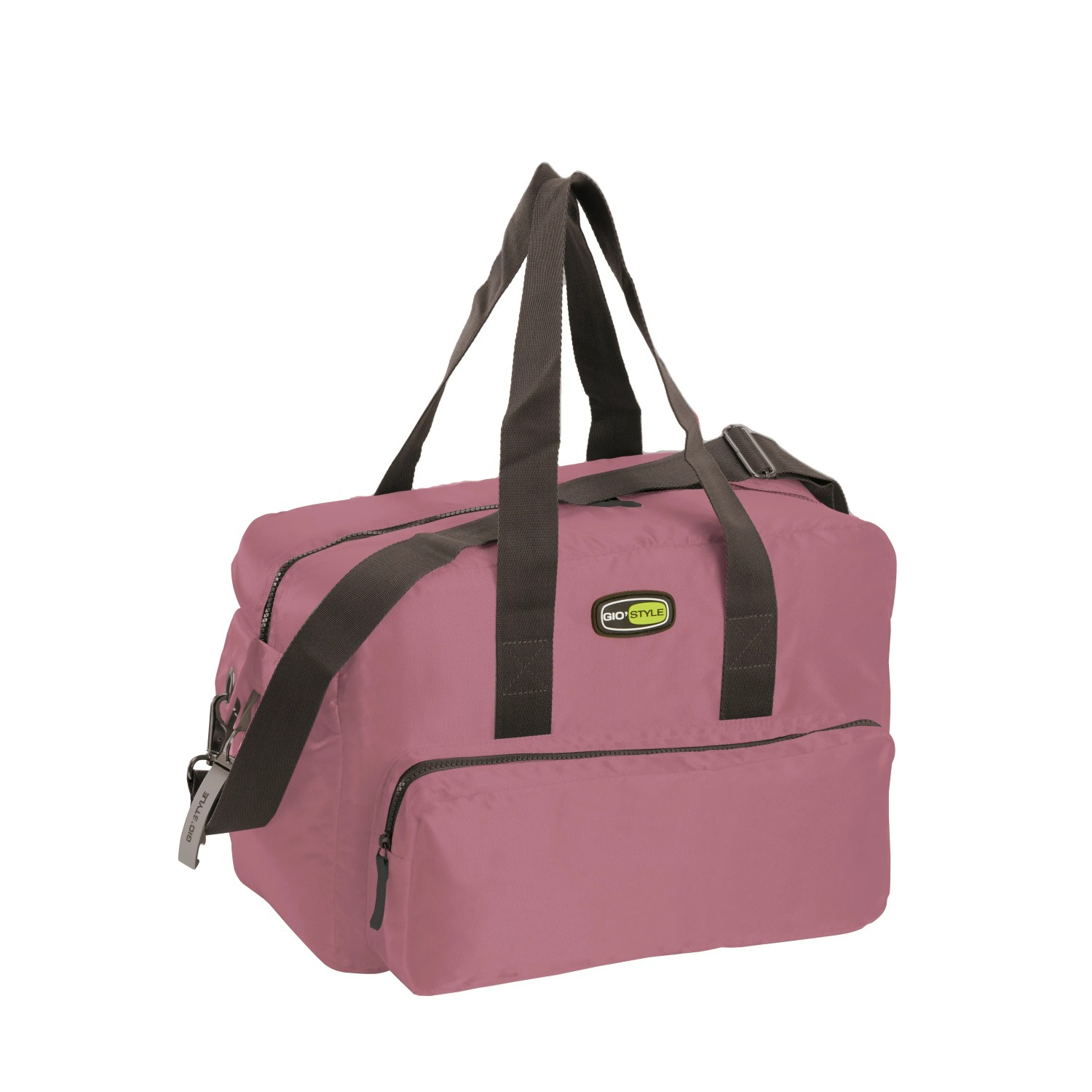 Borsa da viaggio t.b.t. rosa con manici marroni per campeggio e tempo libero.