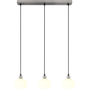Moderna lampada a sospensione Reality Molly, nichel opaco, con 3 diffusori in vetro bianco. Ideale per sale da pranzo.