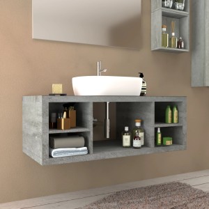 Mobile bagno grigio con lavabo da appoggio bianco e vani portaoggetti. Arredo bagno.