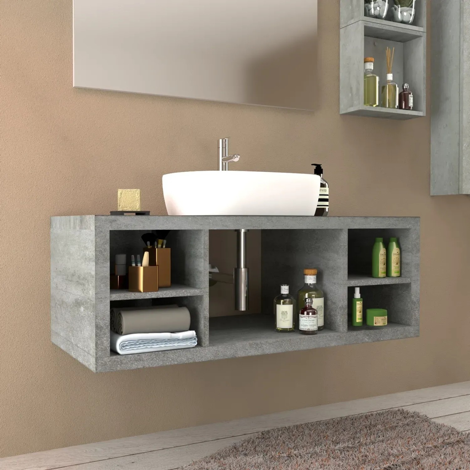 Mobile bagno grigio con lavabo da appoggio bianco e vani portaoggetti. Arredo bagno.