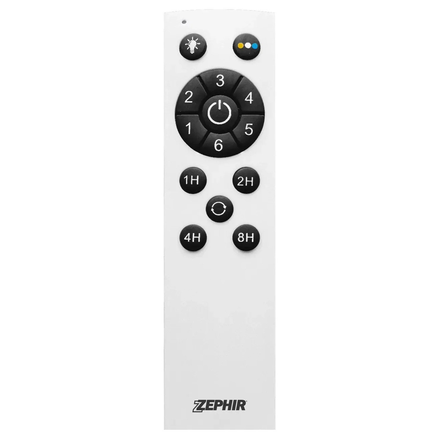 Telecomando bianco per ventilatore con funzioni luce e timer.