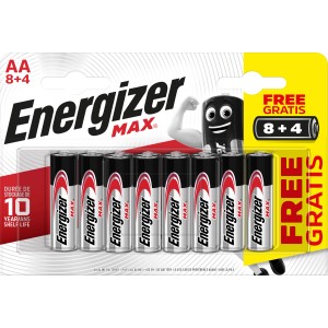 Batterie Energizer Max AA, confezione da 8+4, in blister. Batterie alcaline a lunga durata per l'uso quotidiano.