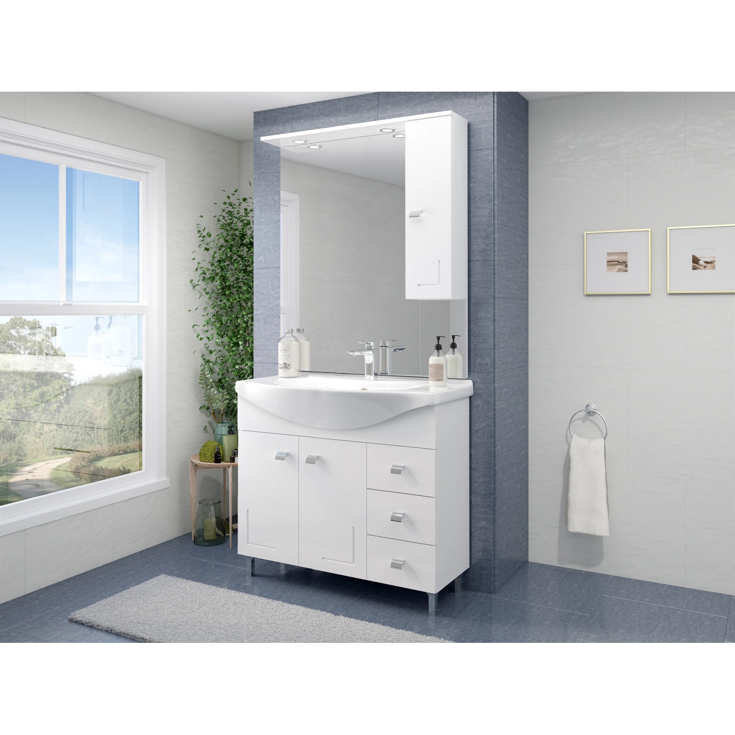 Mobile bagno bianco con specchio e pensile come set di mobili per il bagno.