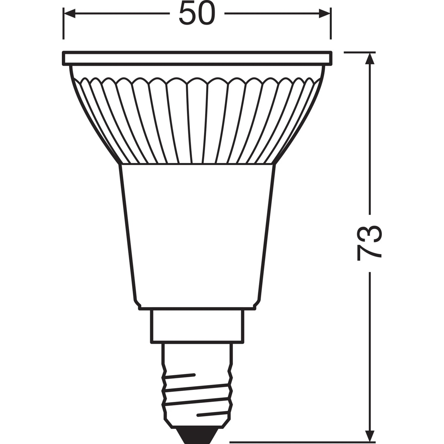 Disegno tecnico lampada LED riflettore Osram E14, PAR16, dimensioni: 7,3 cm x 5 cm.