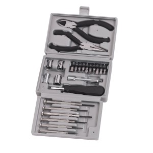Set di meccanica di precisione da 25 pezzi in scatola di plastica aperta con cacciaviti, pinze, inserti e bussole.