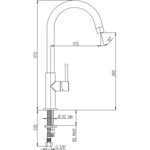 Disegno tecnico: miscelatore monocomando t.b.t. con dimensioni.