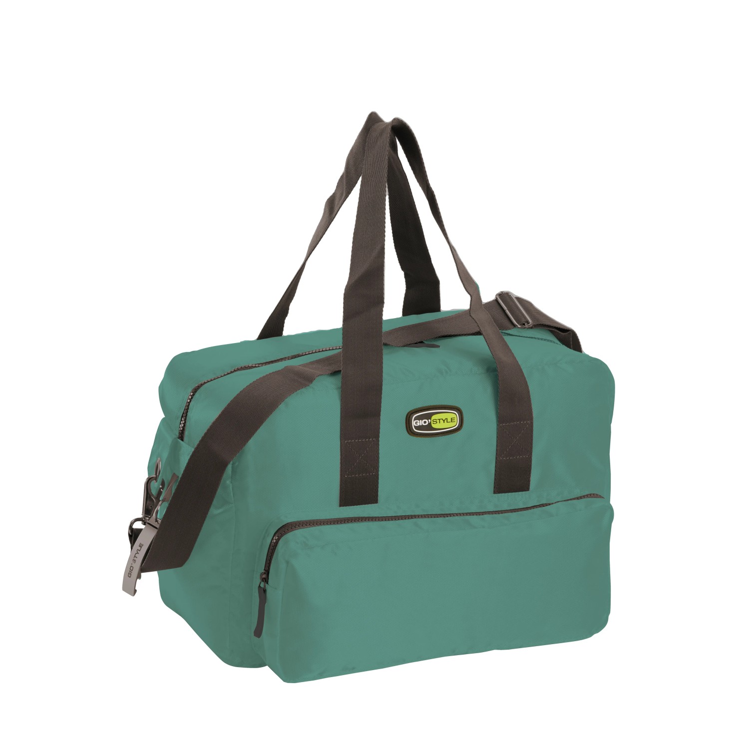 Borsa da viaggio/sportiva verde con manici marroni per campeggio e tempo libero.