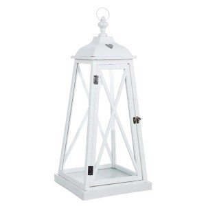 Lanterna bianca in legno e vetro, accessorio per candele con dettaglio a cuore.