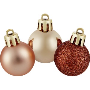 Tre palline di Natale in rame, beige e marrone con glitter. Decorazioni per l'albero di Natale.