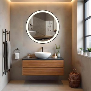 Specchio da parete t.b.t. rotondo con illuminazione LED in bagno moderno.