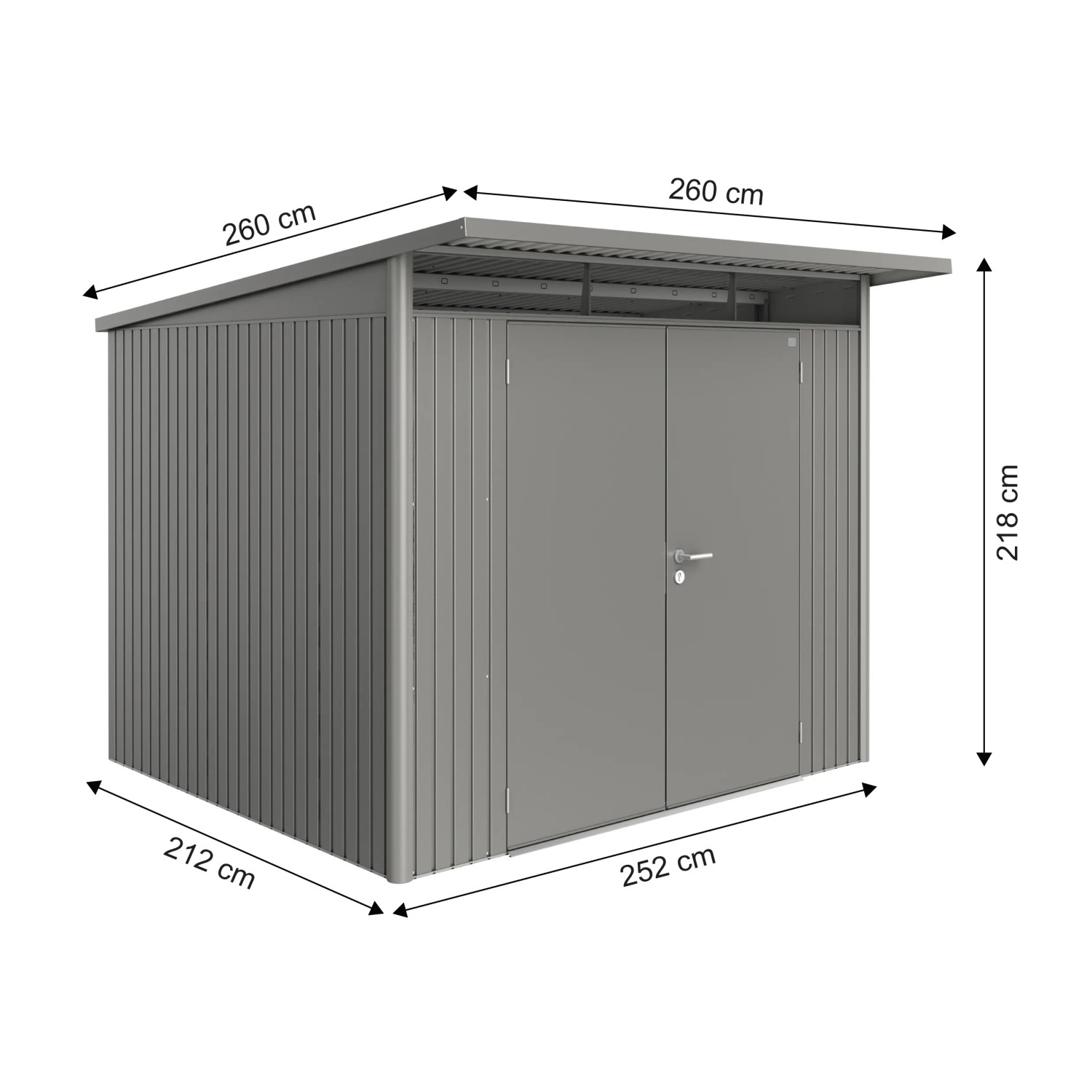 Casetta da giardino Biohort AvantGarde A6, grigio quarzo metallizzato, con doppia porta e dimensioni.