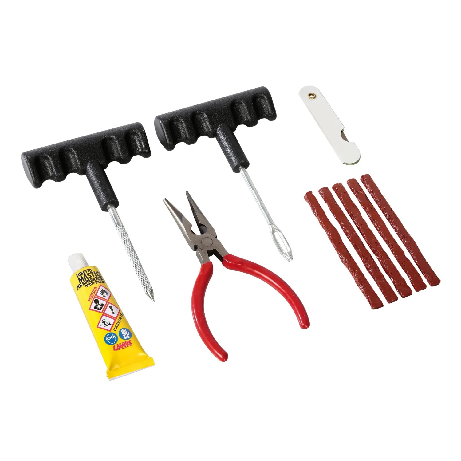 t.b.t. Kit riparazione pneumatici per interni auto con attrezzi, toppe e colla.