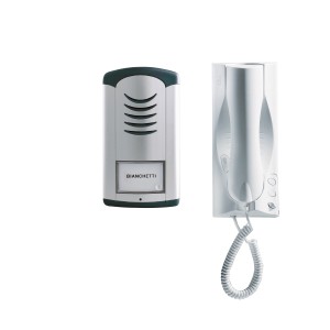 Kit citofonico t.b.t. bianco con unità altoparlante e cornetta per montaggio a parete.
