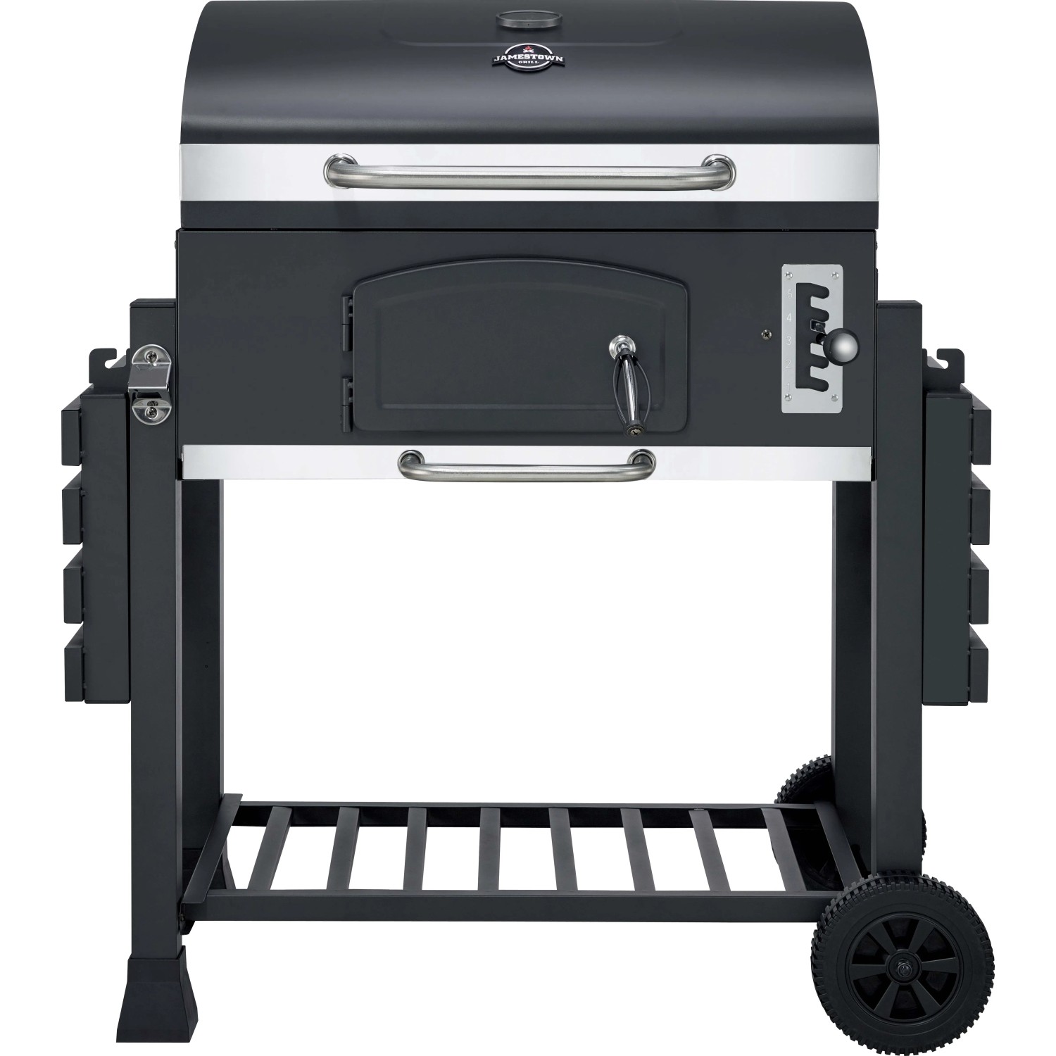 Jamestown Jaxon XL barbecue a carbonella con griglia modulare e tavolini laterali.