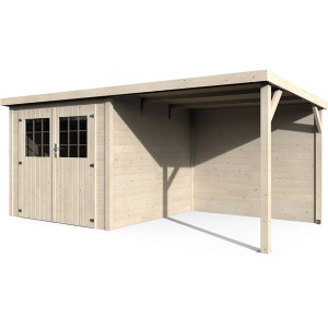 Casetta da giardino in legno Paradis: 476x234 cm, legno non trattato, con area coperta. Ideale come rimessa attrezzi.