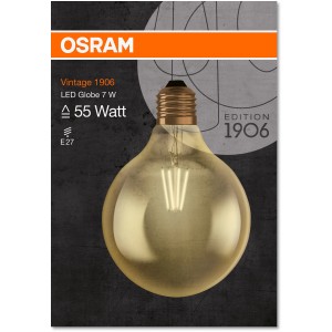 Lampadina LED Osram E27 a globo, 6,5W, luce calda, sulla confezione.