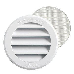 Griglia di ventilazione t.b.t. bianca rotonda con lamelle e zanzariera.