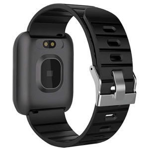 Smartwatch nera con cinturino e contatti di ricarica.