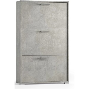 Scarpiera grigia con tre scomparti e maniglie.